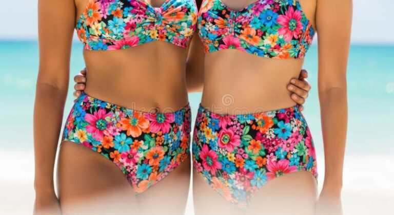 bikinis de flores en una playa soleada