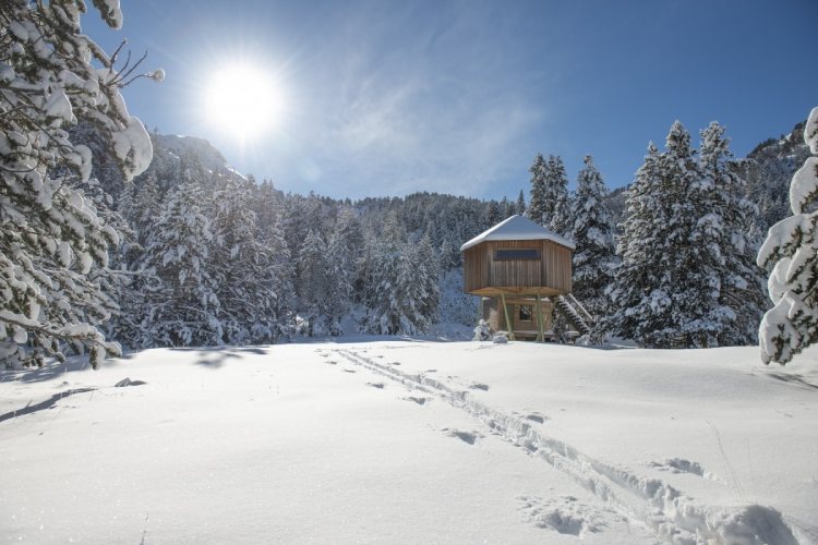 cabanas acogedoras en un paisaje nevado