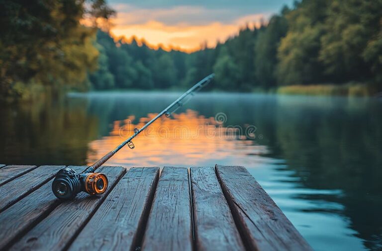 cana de pescar en un lago tranquilo
