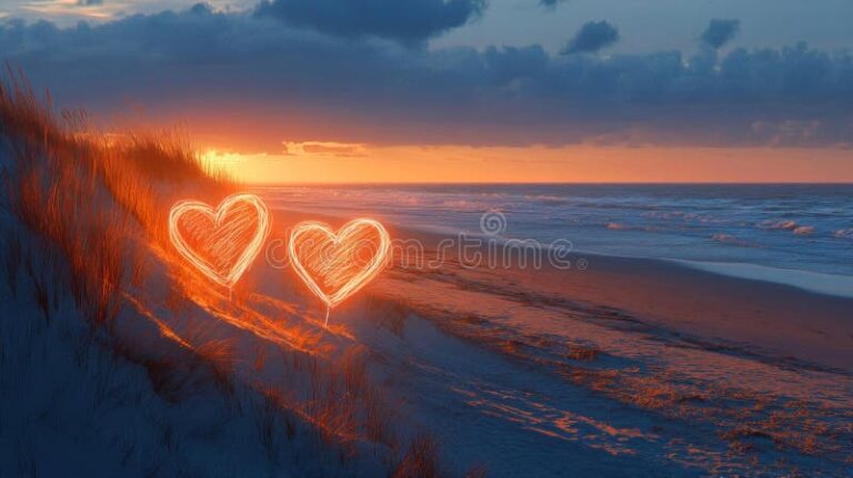 corazones entrelazados en un atardecer