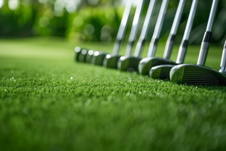 golf clubs arranged on a green background