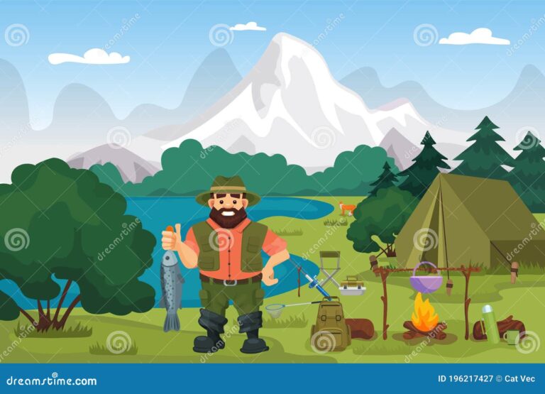paisaje natural con pescador y cazador