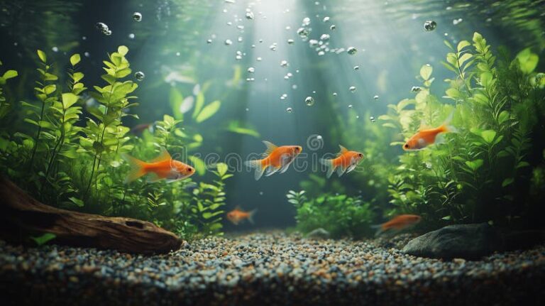 peces nadando en pecera con plantas