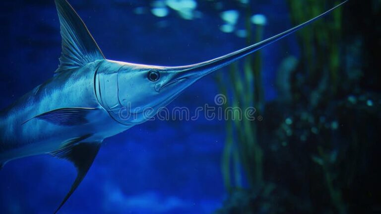 El pez espada es considerado un pescado azul o blanco 1 pez espada nadando en aguas profundas