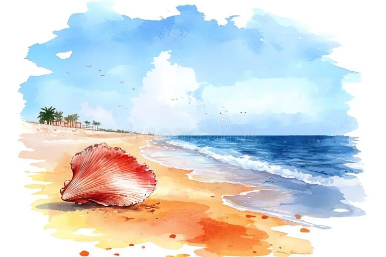 playa soleada con olas y palmeras