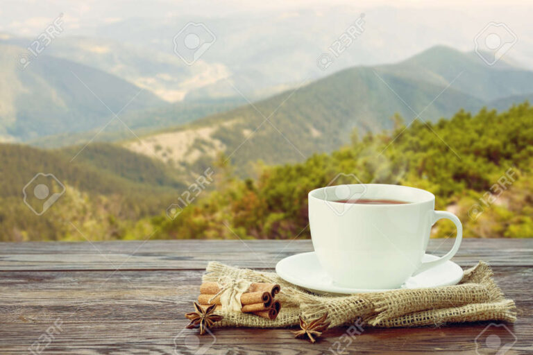 taza de te en un paisaje montanoso